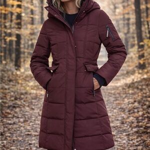 Women's Maroon Hooded Puffer Coat